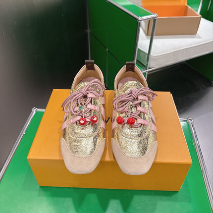 LV 26S SNEAKERS IN LIGHT PINK SUEDE AND GOLD LAMBSKIN WITH CHERRY CHARM