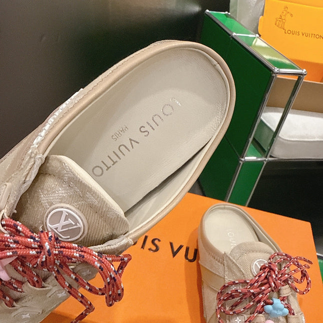 LV 26S MULE SNEAKERS IN BEIGE DENIM AND SUEDE WITH FLOWER CHARM