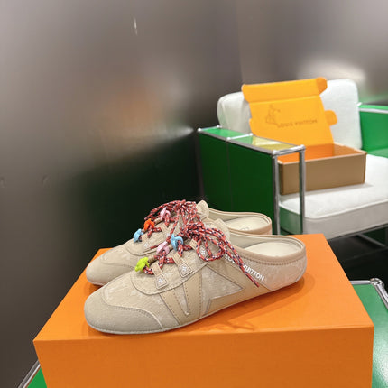 LV 26S MULE SNEAKERS IN BEIGE DENIM AND SUEDE WITH FLOWER CHARM