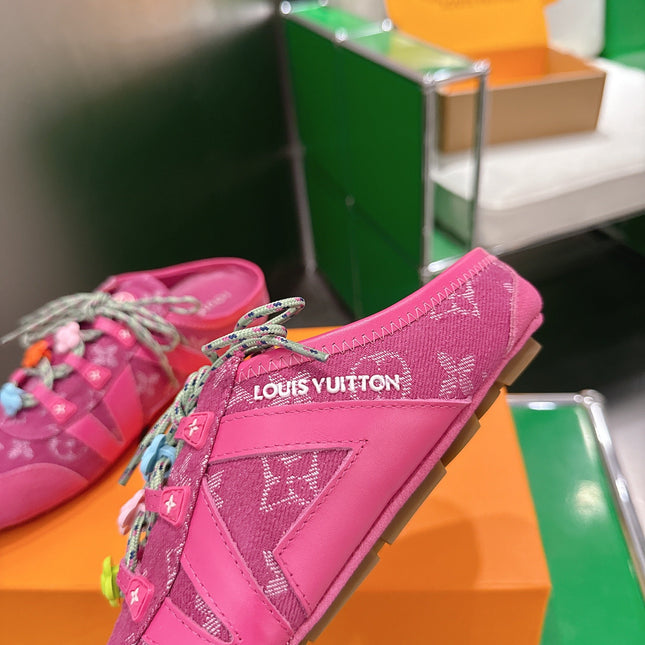 LV 26S MULE SNEAKERS IN DARK PINK DENIM AND SUEDE WITH FLOWER CHARM