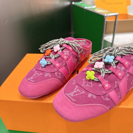 LV 26S MULE SNEAKERS IN DARK PINK DENIM AND SUEDE WITH FLOWER CHARM