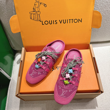 LV 26S MULE SNEAKERS IN DARK PINK DENIM AND SUEDE WITH FLOWER CHARM