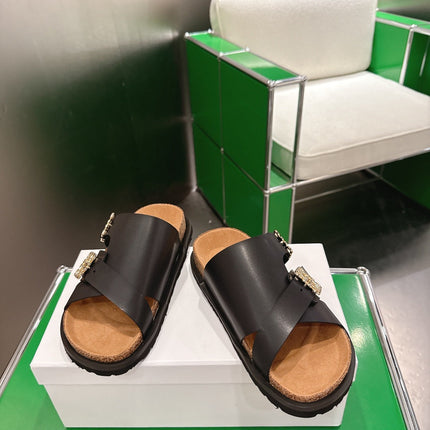 LOEWE 26S ANAGRAM FLAT SLIDES IN BLACK CALFSKIN