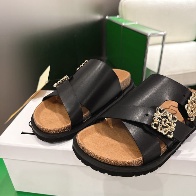 LOEWE 26S ANAGRAM FLAT SLIDES IN BLACK CALFSKIN
