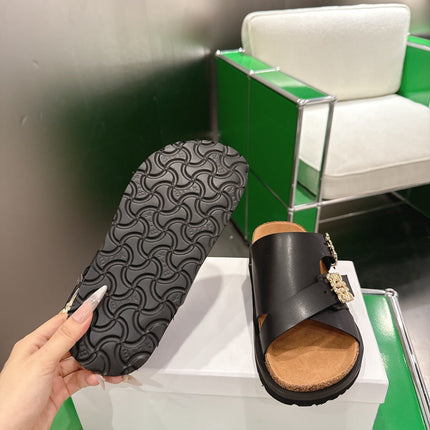 LOEWE 26S ANAGRAM FLAT SLIDES IN BLACK CALFSKIN