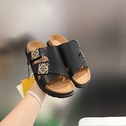 LOEWE 26S ANAGRAM FLAT SLIDES IN BLACK CALFSKIN