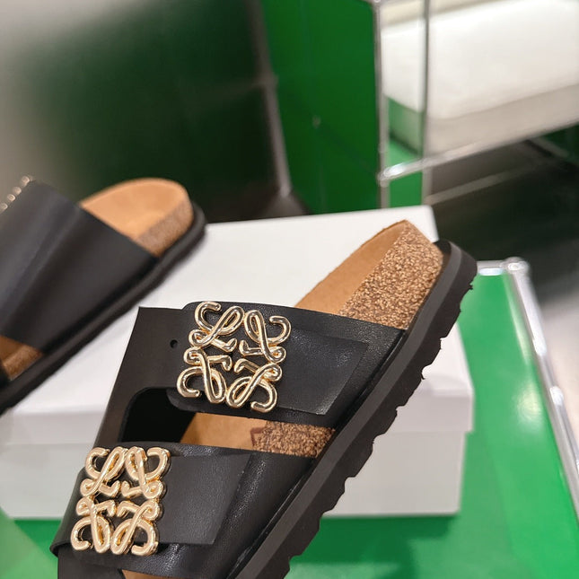 LOEWE 26S ANAGRAM FLAT SLIDES IN BLACK CALFSKIN