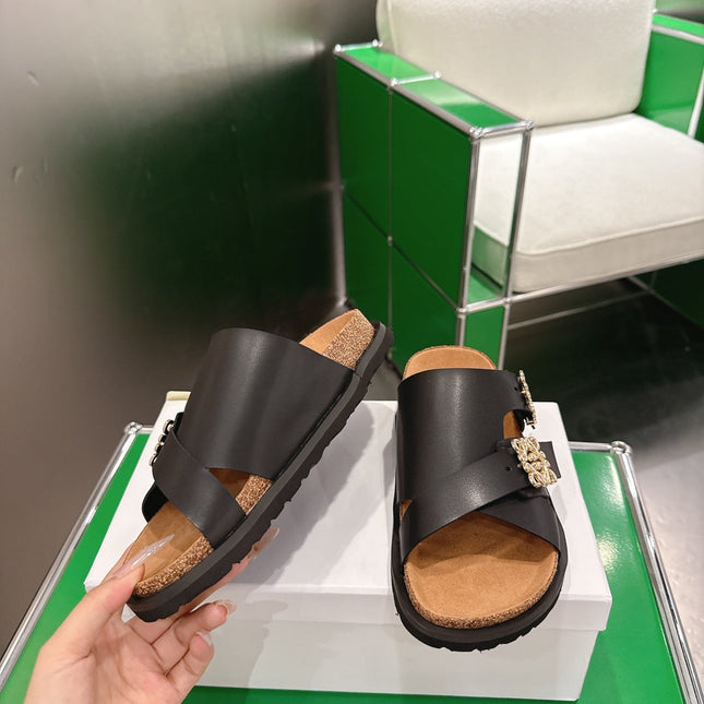 LOEWE 26S ANAGRAM FLAT SLIDES IN BLACK CALFSKIN