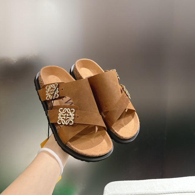 LOEWE 26S ANAGRAM FLAT SLIDES IN CARAMEL BROWN SUEDE
