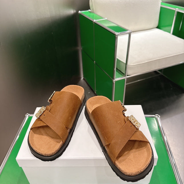 LOEWE 26S ANAGRAM FLAT SLIDES IN CARAMEL BROWN SUEDE