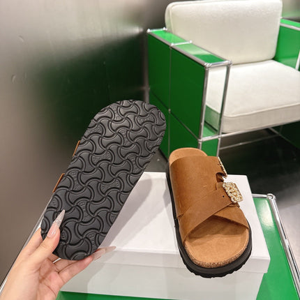LOEWE 26S ANAGRAM FLAT SLIDES IN CARAMEL BROWN SUEDE