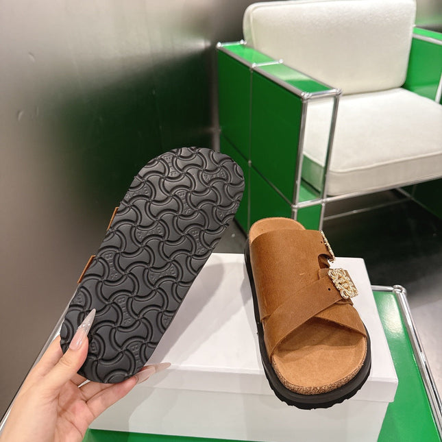 LOEWE 26S ANAGRAM FLAT SLIDES IN CARAMEL BROWN SUEDE