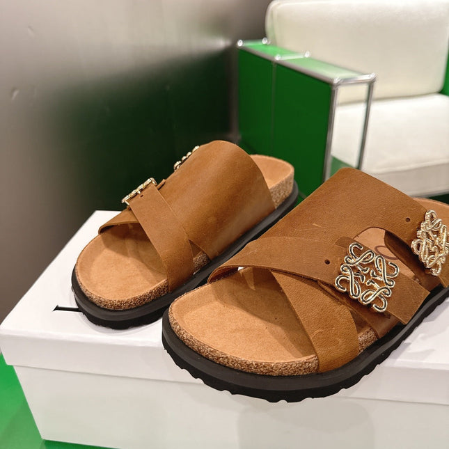 LOEWE 26S ANAGRAM FLAT SLIDES IN CARAMEL BROWN SUEDE