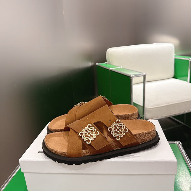 LOEWE 26S ANAGRAM FLAT SLIDES IN CARAMEL BROWN SUEDE