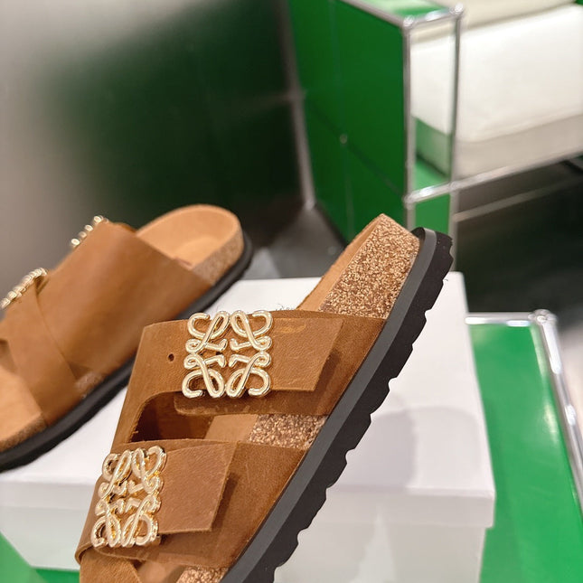 LOEWE 26S ANAGRAM FLAT SLIDES IN CARAMEL BROWN SUEDE