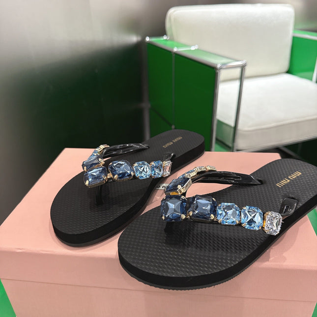 MIUMIU 26S THONG SANDALS IN BLACK EVA BLUE CRYSTAL-EMBELLISHED