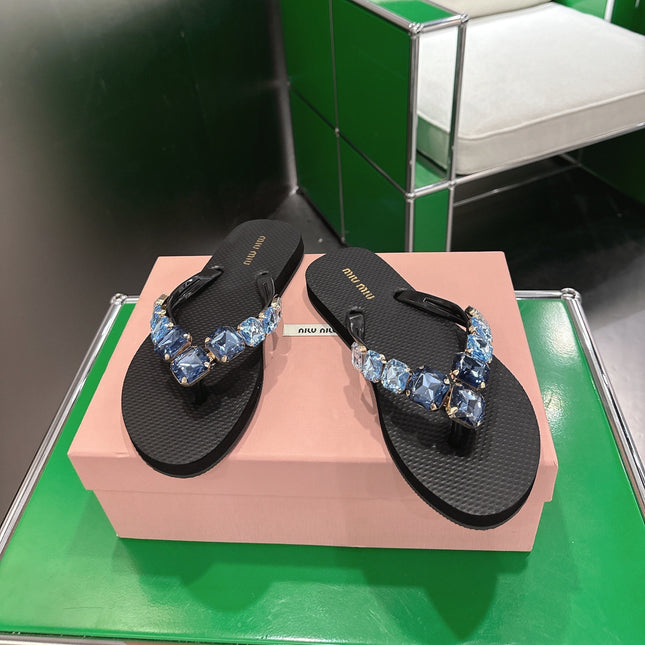 MIUMIU 26S THONG SANDALS IN BLACK EVA BLUE CRYSTAL-EMBELLISHED