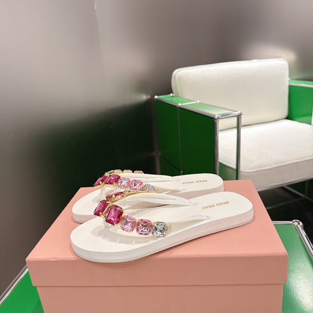 MIUMIU 26S THONG SANDALS IN WHITE EVA PINK CRYSTAL-EMBELLISHED
