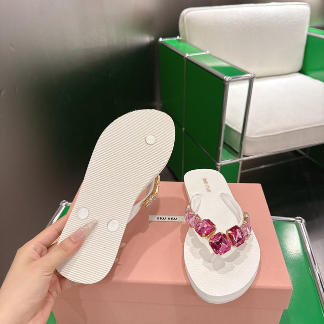 MIUMIU 26S THONG SANDALS IN WHITE EVA PINK CRYSTAL-EMBELLISHED