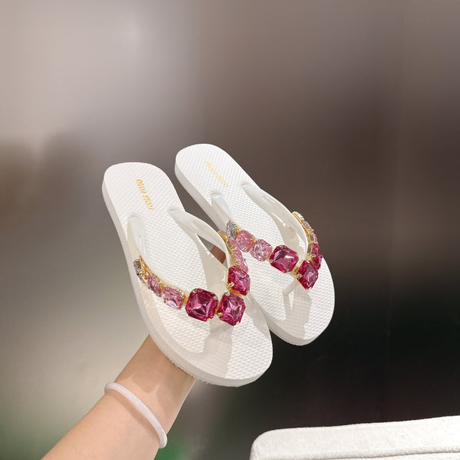 MIUMIU 26S THONG SANDALS IN WHITE EVA PINK CRYSTAL-EMBELLISHED