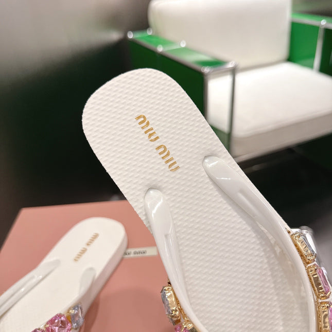 MIUMIU 26S THONG SANDALS IN WHITE EVA PINK CRYSTAL-EMBELLISHED