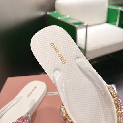 MIUMIU 26S THONG SANDALS IN WHITE EVA PINK CRYSTAL-EMBELLISHED