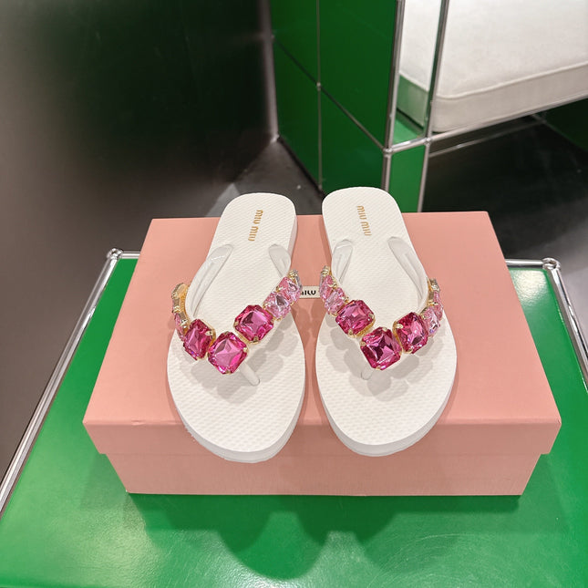 MIUMIU 26S THONG SANDALS IN WHITE EVA PINK CRYSTAL-EMBELLISHED