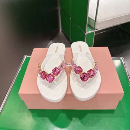 MIUMIU 26S THONG SANDALS IN WHITE EVA PINK CRYSTAL-EMBELLISHED