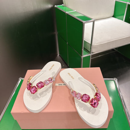 MIUMIU 26S THONG SANDALS IN WHITE EVA PINK CRYSTAL-EMBELLISHED