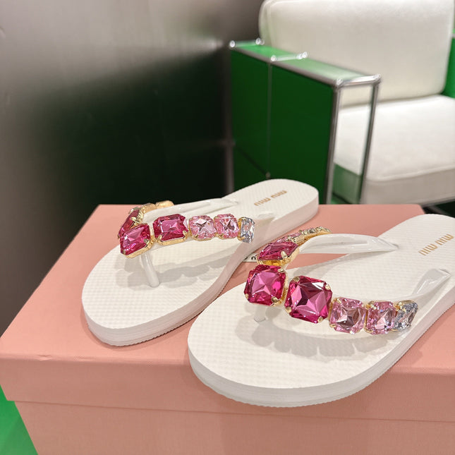 MIUMIU 26S THONG SANDALS IN WHITE EVA PINK CRYSTAL-EMBELLISHED