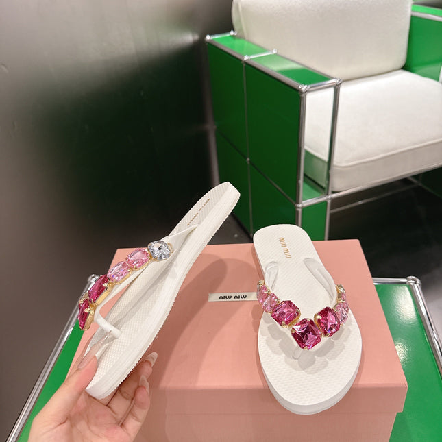 MIUMIU 26S THONG SANDALS IN WHITE EVA PINK CRYSTAL-EMBELLISHED