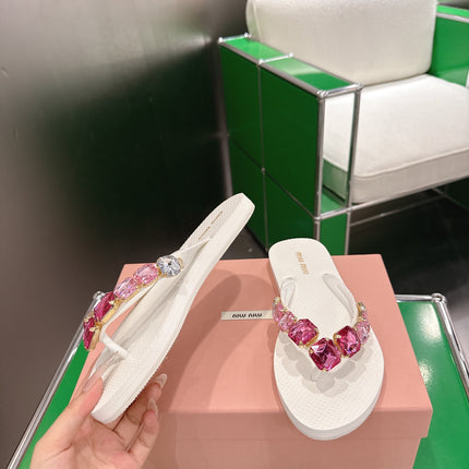 MIUMIU 26S THONG SANDALS IN WHITE EVA PINK CRYSTAL-EMBELLISHED