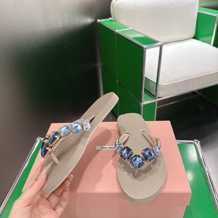 MIUMIU 26S THONG SANDALS IN BEIGE EVA CRYSTAL-EMBELLISHED