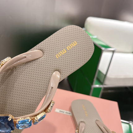 MIUMIU 26S THONG SANDALS IN BEIGE EVA CRYSTAL-EMBELLISHED