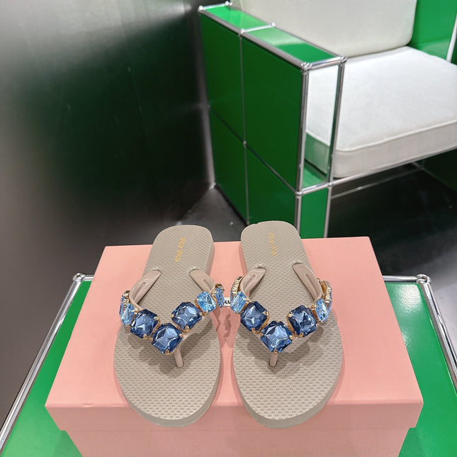 MIUMIU 26S THONG SANDALS IN BEIGE EVA CRYSTAL-EMBELLISHED