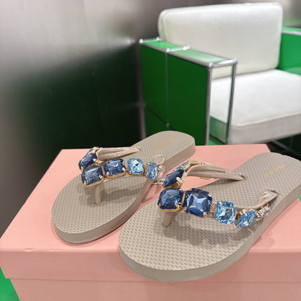 MIUMIU 26S THONG SANDALS IN BEIGE EVA CRYSTAL-EMBELLISHED