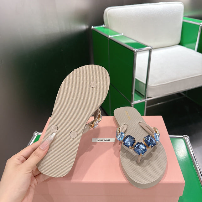 MIUMIU 26S THONG SANDALS IN BEIGE EVA CRYSTAL-EMBELLISHED