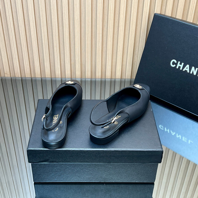 CHANEL 25S SLINGBACK FLATS IN BLACK CALFSKIN GOLD HARDWARE
