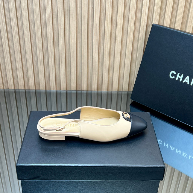 CHANEL 25S SLINGBACK FLATS IN BEIGE CALFSKIN GOLD HARDWARE