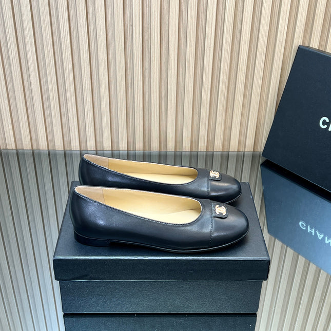 CHANEL 25S BALLET FLATS IN BLACK LAMBSKIN GOLD HARDWARE