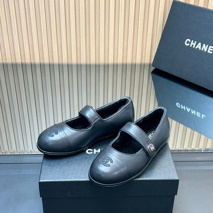 CHANEL 25S FURRY MARY JANE SHOES IN BLACK CALFSKIN