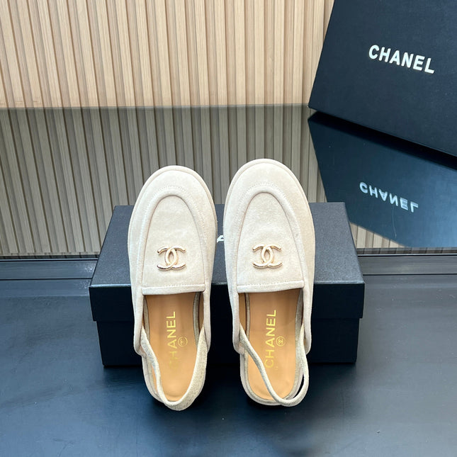 CHANEL 25S BACK STRAP MULE 15MM IN IVORY SUEDE GOLD HARDWARE