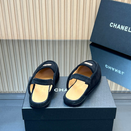 CHANEL 25S BACK STRAP MULE 15MM IN BLACK SUEDE GOLD HARDWARE