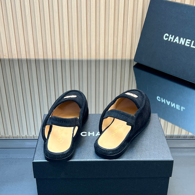 CHANEL 25S BACK STRAP MULE 15MM IN BLACK SUEDE GOLD HARDWARE