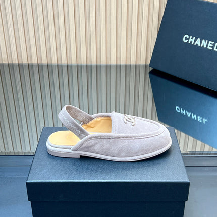 CHANEL 25S BACK STRAP MULE 15MM IN LIGHT GRAY SUEDE SILVER HARDWARE
