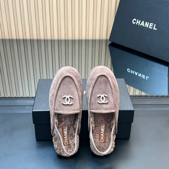 CHANEL 25S BACK STRAP MULE 15MM IN TAUPE GRAY SUEDE AND WOOL SILVER HARDWARE