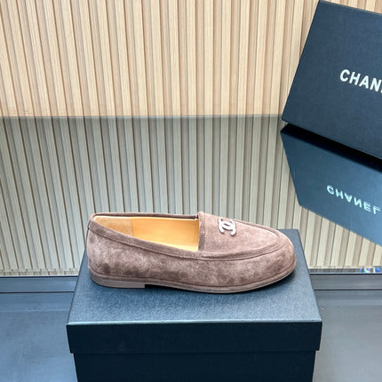 CHANEL 25S TEDDY LOAFER 15MM IN TAUPE GRAY SUEDE SILVER HARDWARE