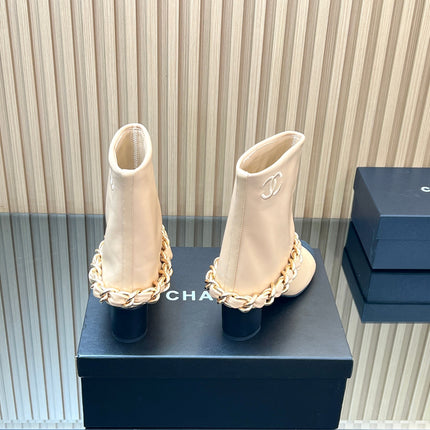 CHANEL 25S LOW BOOTS 65MM IN BEIGE CALFSKIN GOLD HARDWARE