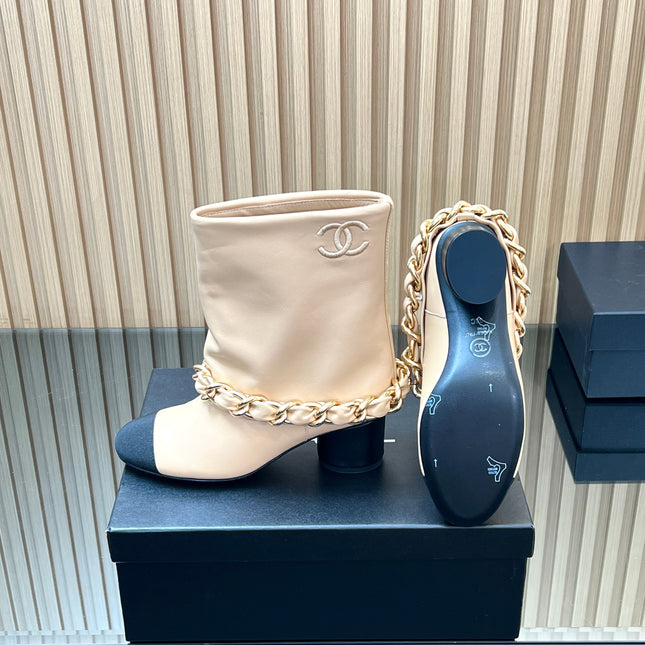CHANEL 25S LOW BOOTS 65MM IN BEIGE CALFSKIN GOLD HARDWARE
