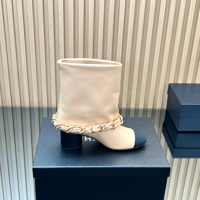 CHANEL 25S LOW BOOTS 65MM IN BEIGE CALFSKIN GOLD HARDWARE